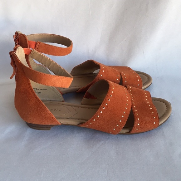 Violet & Red brand Denise orange suede sandals with gold-tone studs, size 7.5M - Picture 2 of 6